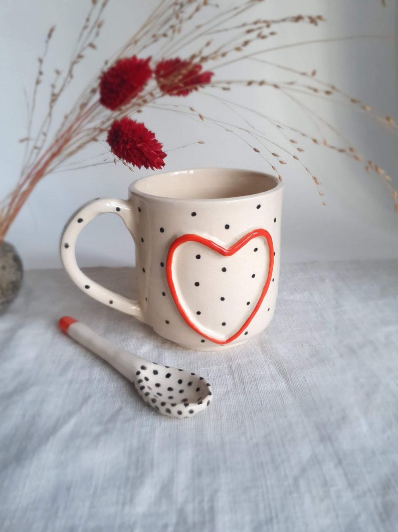 Espresso cup and spoon with heart and dot Ceramic espresso cup spoon set handmade Hand painted cappuccino cup from ukraine Handmade love mug image 3