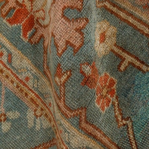Vintage Teal Floral Rug –Hand-Knotted Oriental Wool Carpet –Burnt Orange & Aqua Toned Area Rug –Traditional Living Room or Dining Room Decor