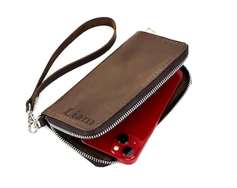 Custom Leather Wristlet Wallet for iPhone, Personalized Zippered Smartphone Brown Case