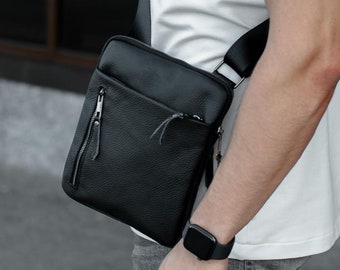 Handmade Leather Crossbody Bag for Men | Zippered Shoulder Messenger Cell Phone Bag