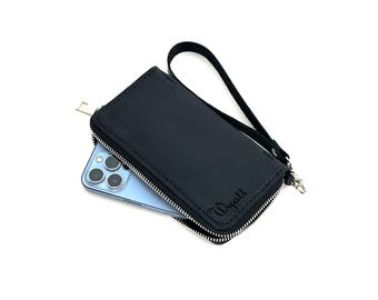 Leather Cell Phone Pouch with Wrist Strap| Custom Zipper Phone Wallet Case| Personalized Holder for iPhone 15| 16| 17 Pro Max| Air| Samsung