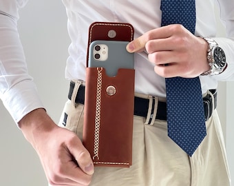 Op maat gemaakte leren telefoonhouder met metalen riemclip| Gegraveerd hoesje voor iPhone 16, 17 Pro Max, Air, Samsung, Pixel| Taille-smartphoneholster