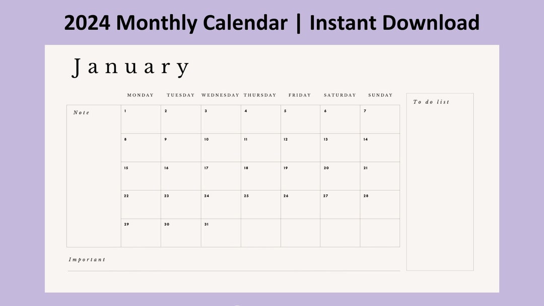 2024 Monthly Calendar Printable | Minimalistic Calendar and Planner - Etsy