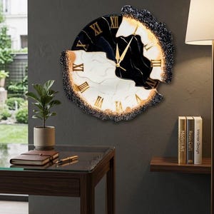 Reloj de pared de resina de lujo, decoración de geoda de mármol blanco y negro con números romanos dorados, gran pieza de arte de pared moderno, regalo de inauguración de casa, decoración de oficina
