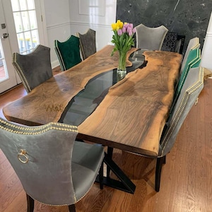 Elegant Live Edge Epoxy Dining Table, Walnut Wood Slab with Translucent Black Epoxy, Luxury Handcrafted Modern Furniture