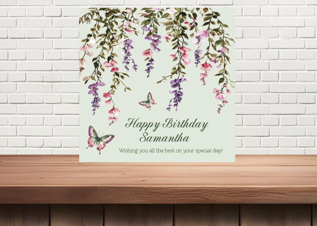 Personalised Birthday Card Pink & Purple Wisteria With Butterflies on ...