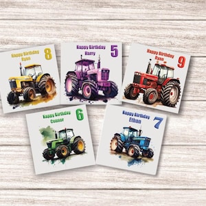Personalised Boys / Girls Birthday Card Farm Tractor  - Choose Colour - Any Name / Any Age- or Just Happy Birthday - 14.5 cm Square