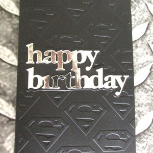 Carte d'anniversaire A6 noire en relief faite main avec logo Superman, entièrement doublée - HarleyQuinn Crafts Gothic Collection