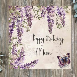 Personalised Birthday Card Purple Wisteria & Butterfly - Mum or Any Name - Or Just Happy Birthday