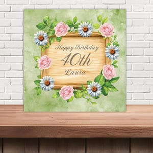 Gepersonaliseerde verjaardagskaart 30e, 40e, 50e, 60e, 70e enz. Margrieten en roze rozen op groen - elke naam / elke leeftijd