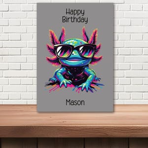 Cartão de aniversário personalizado com réptil, arco-íris, axolote - qualquer nome - ou apenas feliz aniversário
