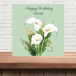 Cartão de aniversário personalizado com lírio de Calla em verde - qualquer nome - ou apenas feliz aniversário