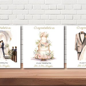 Escolha personalizada de 3 - Cartão de felicitações de casamento, altar da igreja, terno e vestido, bolo - qualquer nome