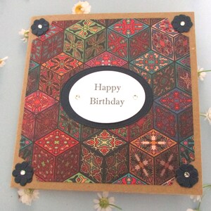 Tarjeta Kraft hecha a mano Tarjeta de cumpleaños Azul oscuro y rojo Mosaico Inspirado en 6" Cuadrado - Totalmente forrado