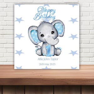 Personalisierte Geburtstagskarte Blauer Elefant Karte zum 1. Geburtstag - Jeder Name, Jedes Datum - Oder einfach alles Gute zum Geburtstag