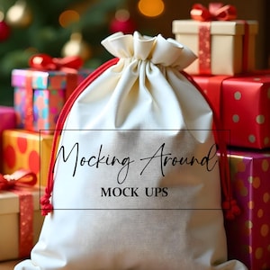 Santa Sack Mock Up Natural Gift Bag Drawstring Mock Up Christmas Mockup Bundle Natural Canvas Bag Gift Bag Mock up Bundle Santa Mockup