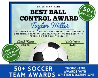 Soccer Award Certificate Editable Award Ceremony Printable End of Season Soccer Canva Soccer Team Party Printable Template