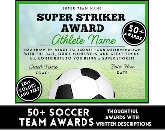 Soccer Award Certificate Editable Award Ceremony Printable End of Season Soccer Canva Soccer Team Party Printable Template