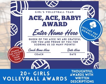 Volleyball Award, Certificate Bundle, End of Season Team Party Awards, Downloadable Printables, Instant Download and Ready to Print, Blue