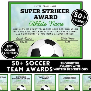 Certificados de premios de fútbol editables, certificados de ceremonia de premios, imprimibles para fiestas de equipos de fútbol, final de temporada de fútbol, personalizables en Canva.