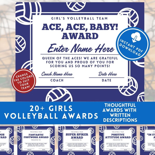 Récompense de volley-ball, lot de certificats, récompenses pour la fête d'équipe de fin de saison, documents imprimables téléchargeables, téléchargement immédiat et prêt à imprimer, bleu