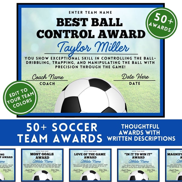 Voetbal Award certificaat Bewerkbare prijsuitreiking Afdrukbare einde van het seizoen Voetbal Canva Voetbalteam Partij afdrukbare sjabloon