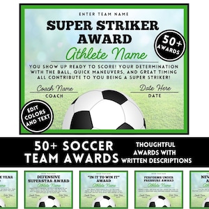 EDITABLE Soccer Award Certificates, Award Ceremony Certificates,  Soccer Team Party Printable, End of Season Soccer, Customize in Canva