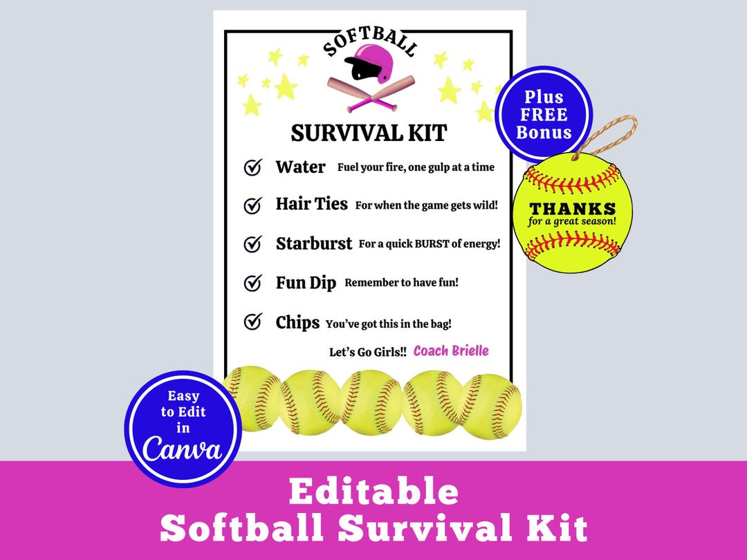 Softball Survival Kit Bag Tag Template, Editable Softball Player Gift ...
