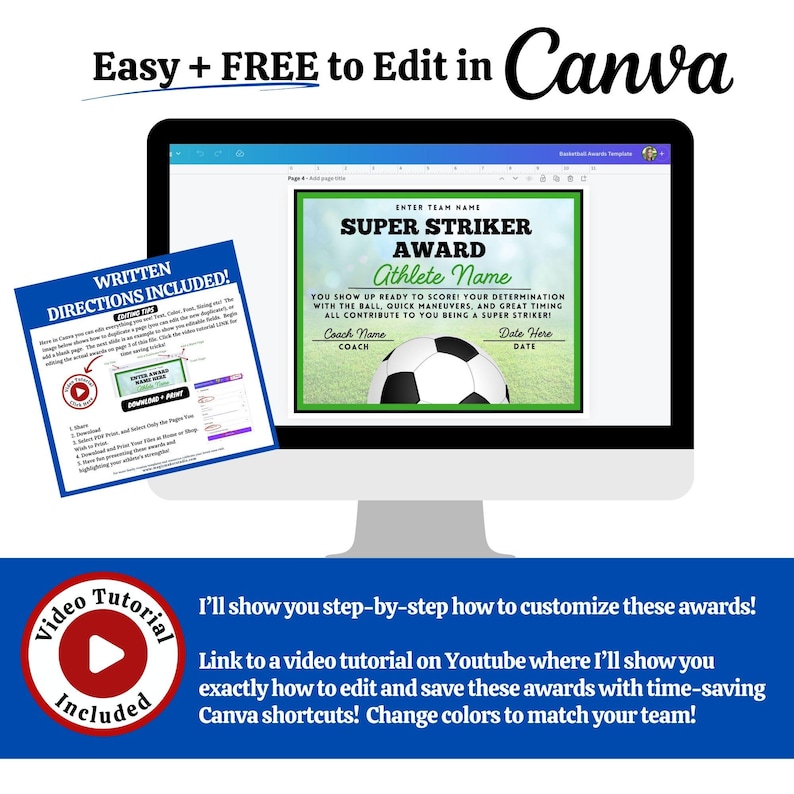 Puede incluir: Plantilla de premio de f&uacute;tbol editable para Canva. El premio presenta un fondo verde con un bal&oacute;n de f&uacute;tbol y texto que dice "Super Striker Award". Los textos "Athlete Name", "Coach Name" y "Date Here" son marcadores de posici&oacute;n para la personalizaci&oacute;n. La imagen incluye un enlace a un tutorial en v&iacute;deo en YouTube que muestra c&oacute;mo personalizar el premio.