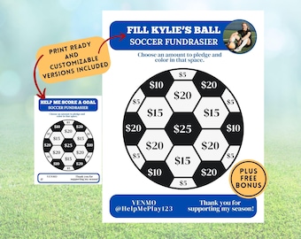 Redigerbar fotbollsinsamling Fyll min boll Fotbollsinsamlingsblad Canva-mall Utskrivbar Färglägg min boll Donationsspårare för fotboll Fotbollslag