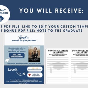 May include: Digital graduation announcement template with a navy blue and white design. Includes a link to edit the grad card in Canva, a bonus PDF file, and a note to the graduate. The text reads "Thanks so much for your purchase!"