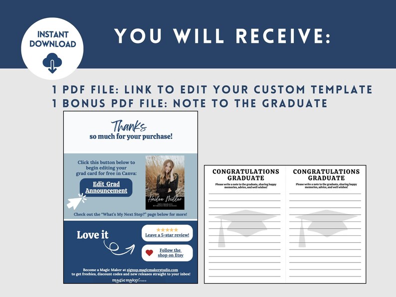 May include: Digital graduation announcement template with a navy blue and white design. Includes a link to edit the grad card in Canva, a bonus PDF file, and a note to the graduate. The text reads "Thanks so much for your purchase!"