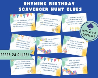 Indoor Birthday Scavenger Hunt Treasure Hunt Clues Printable Clue Cards Easy to Difficult Hunt Indoor Hunt Scavenger Clues Riddles Kid Hunt
