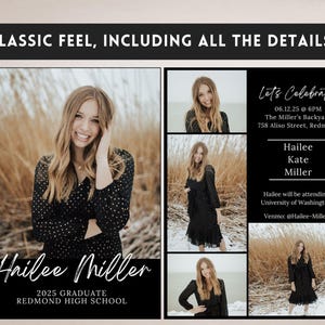 May include: A graduation announcement with a photo of a smiling person in a black dress with white polka dots. The announcement includes the text "Hailee Miller 2025 Graduate Redmond High School" and event details.