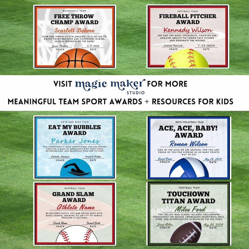 Puede incluir: Certificados de premio imprimibles coloridos para equipos deportivos infantiles. Los certificados presentan diferentes deportes como baloncesto, softbol, nataci&oacute;n, voleibol y f&uacute;tbol. Cada certificado tiene un dise&ntilde;o &uacute;nico e incluye un espacio para el nombre del atleta, el nombre del entrenador y la fecha.