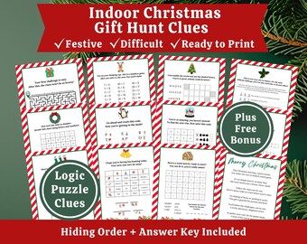 Indoor Christmas Treasure Hunt for Kids and Teens, Christmas Gift Difficult Clues, Christmas Morning Activity Scavenger Hunt Printable Games