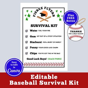 Edytowalny szablon etykiety na torbę z zestawem przetrwania w baseballu, edytowalna etykieta na prezent dla gracza baseballowego do wydrukowania, prezent DIY na turniej drużynowy Tball Snack Bag Canva