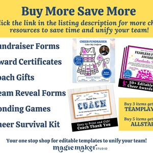 May include: A yellow graphic advertising cheerleading resources. It includes editable templates for fundraisers, awards, coach gifts, and team bonding. Discount codes are also featured for bulk purchases.