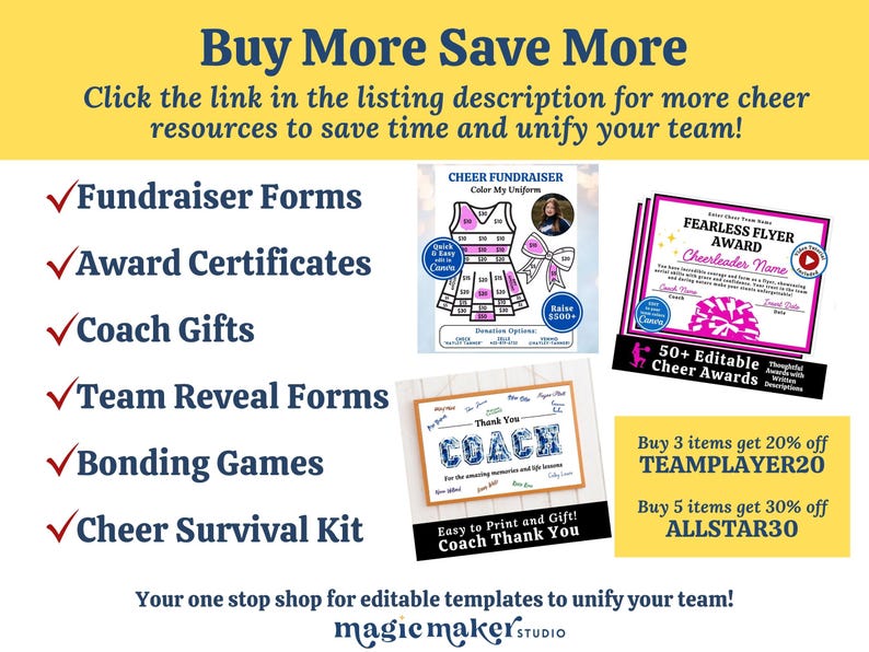 May include: A yellow graphic advertising cheerleading resources. It includes editable templates for fundraisers, awards, coach gifts, and team bonding. Discount codes are also featured for bulk purchases.