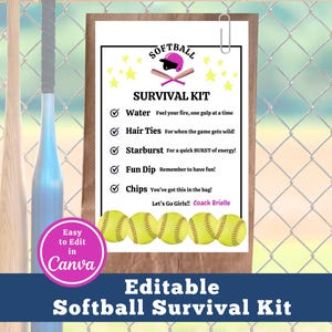 Szablon etykiety na torbę z zestawem przetrwania w softballu, edytowalna etykieta na prezent dla gracza w softball, prezent na turniej drużyny softballowej, mama softballa, dostosuj w Canva