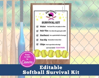Modello di etichetta per borsa con kit di sopravvivenza per softball, etichetta regalo modificabile per giocatore di softball, regalo per torneo di softball, mamma di softball, personalizzabile su Canva
