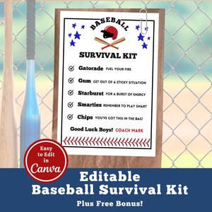 Edytowalny szablon etykiety na torbę z zestawem przetrwania w baseballu, edytowalna etykieta na prezent dla gracza baseballowego do wydrukowania, prezent DIY na turniej drużynowy Tball Snack Bag Canva