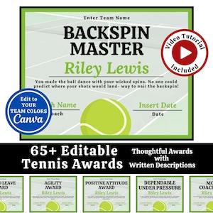 Editable Tennis Award Certificates, End of Season Tennis Team Awards Banquet, Tennis Editable Templates, Sports Team Party Ideas, Edit Canva