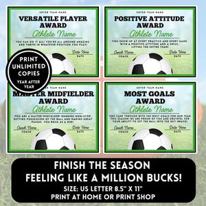 Puede incluir: Cuatro certificados de premio de f&uacute;tbol imprimibles con bordes verdes y blancos. Cada certificado presenta un gr&aacute;fico de bal&oacute;n de f&uacute;tbol y texto que dice "Premio al Jugador Vers&aacute;til", "Premio a la Actitud Positiva", "Premio al Maestro Mediocampista" y "Premio a la Mayor Cantidad de Goles". El texto "&iexcl;Termina la temporada sinti&eacute;ndote como un mill&oacute;n de d&oacute;lares!" est&aacute; en la parte inferior de la imagen.