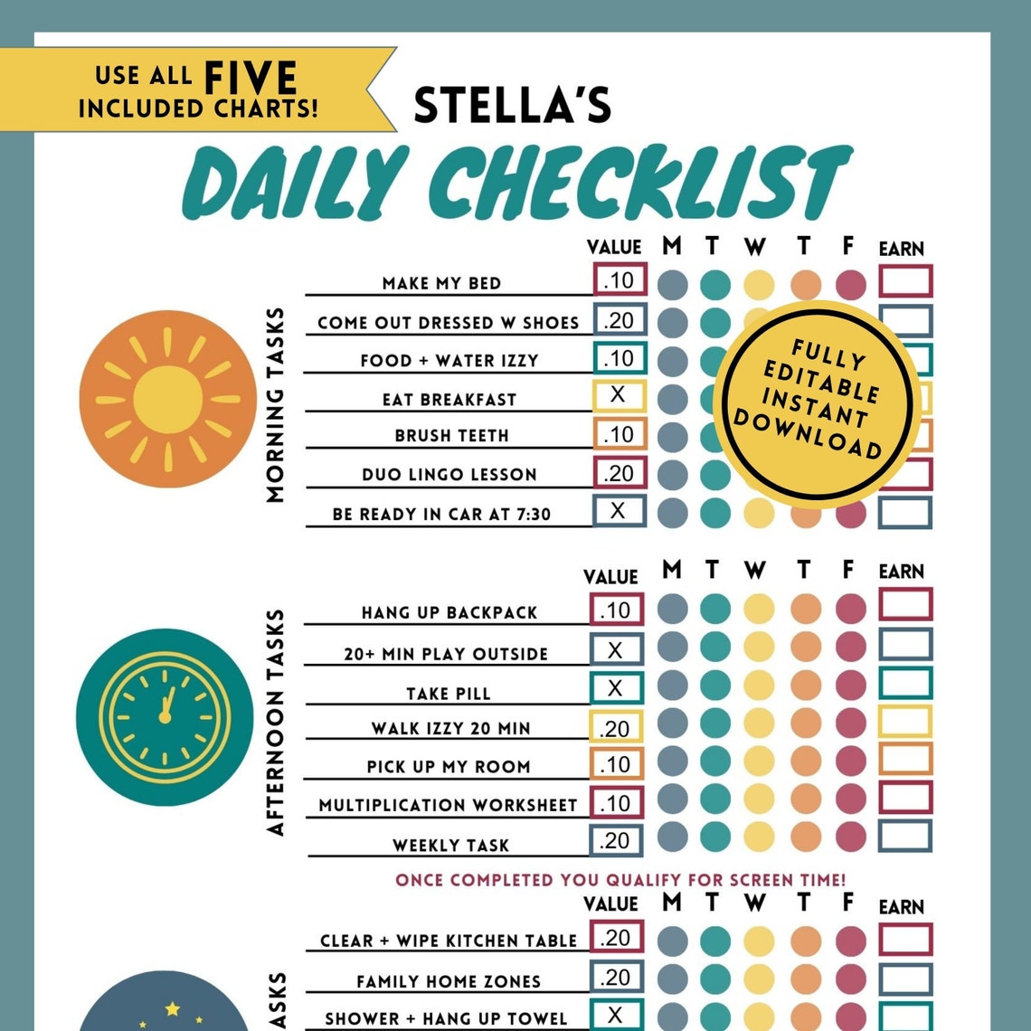 Editable Kids Daily Checklist Chore Chart Picture Chorechart Allowance ...