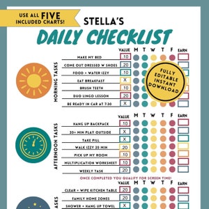 May include: A printable daily checklist for children with a yellow sun, a green clock, and a blue star. The checklist includes tasks like making the bed, getting dressed, eating breakfast, brushing teeth, and playing outside. Each task has a value assigned to it, and there are columns for each day of the week to track completion. The checklist also includes a section for earning screen time.