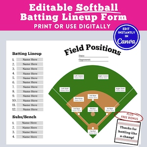 Editable Softball Batting Lineup Softball Field Position, Printable Lineup Card, Batting Order Sheet Canva Printable Roster Team Travel Ball
