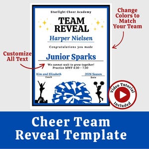 Cheer Team Reveal Template, Editable Cheer Tryout Flyer, Canva Team Announcement, Printable Roster Page, Cheerleader Reveal Sheet, Placement