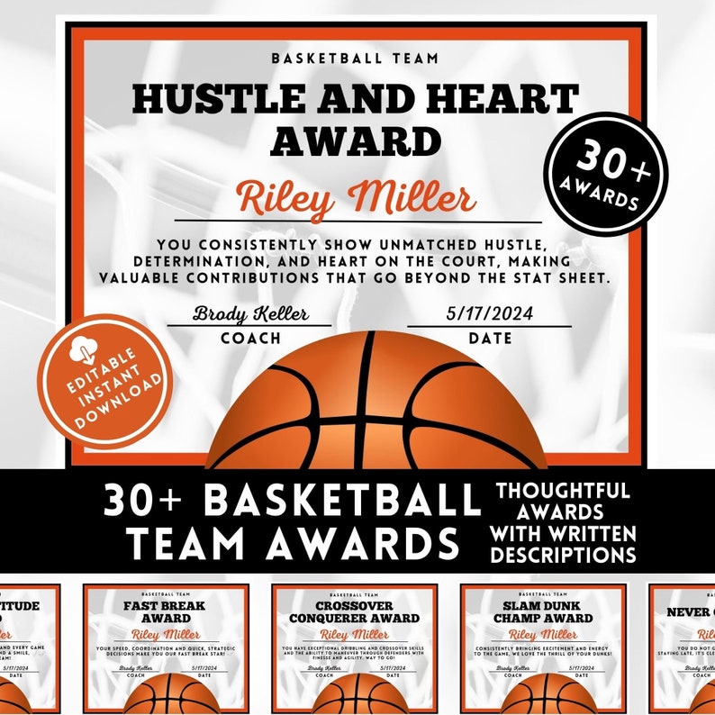 Certificate For Riley Basketball Award Certificate Editable Award Ceremony Printable End of ...