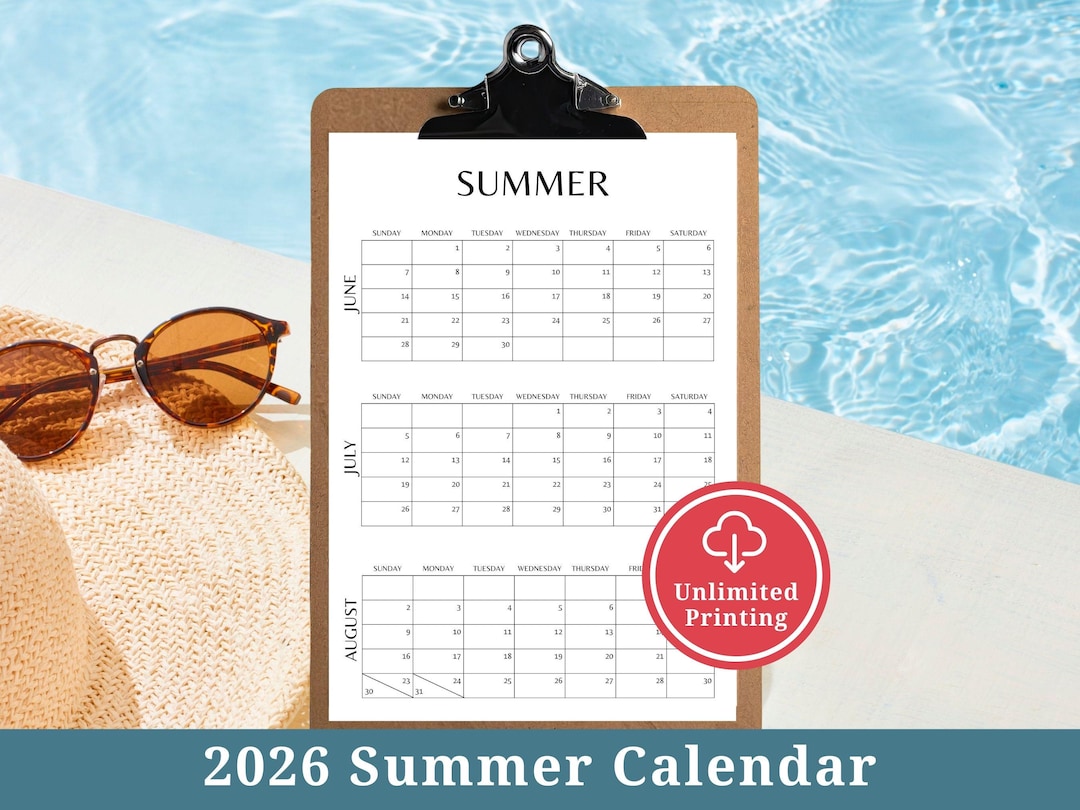 2026 Sommerkalender zum Ausdrucken, Print als Arbeitsblatt oder Großer